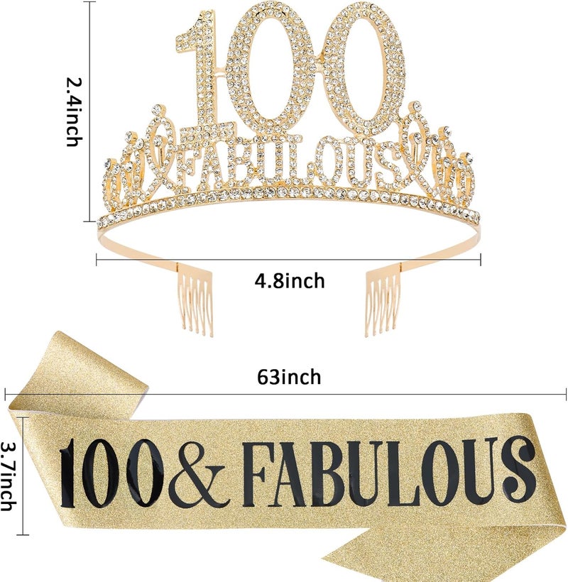 Hapdoo 100th Birthday Decorations for Women, 100th Birthday Sash & Tiara Set, Happy 100 Fabulous Decorations Crown for Women - Image 3